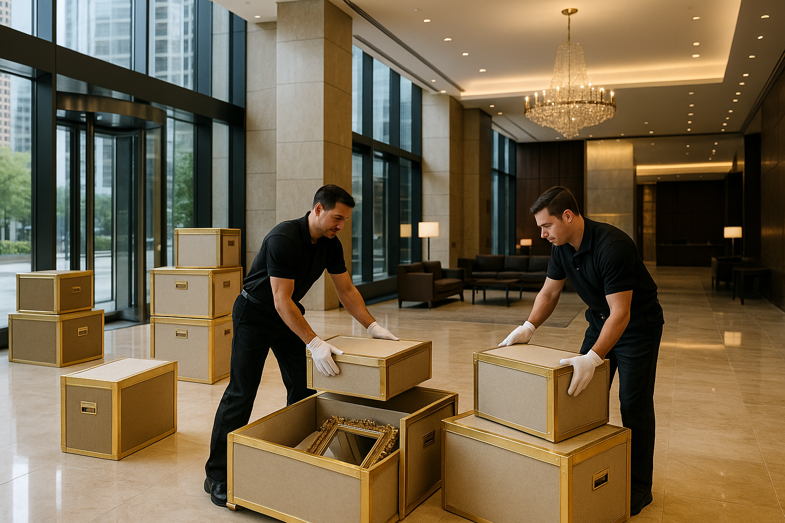 Luxury corporate moving service lobby with packed crates